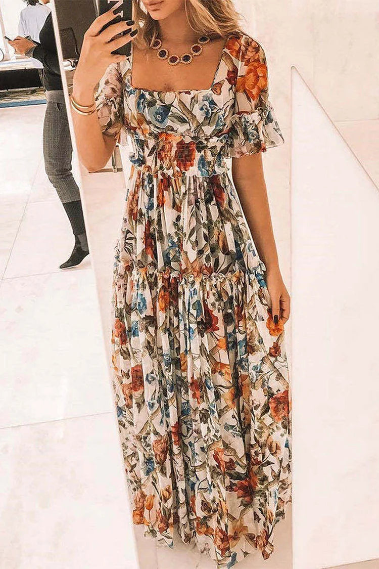 Floral Square Neck Ruffle Sleeve Maxi Dress in 2 Colors