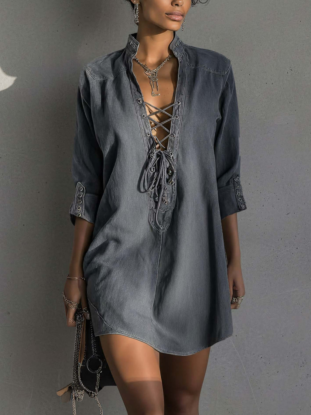 Dark Wash Denim Mini Dress with Lace-Up Front Detail