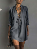 Dark Wash Denim Mini Dress with Lace-Up Front Detail