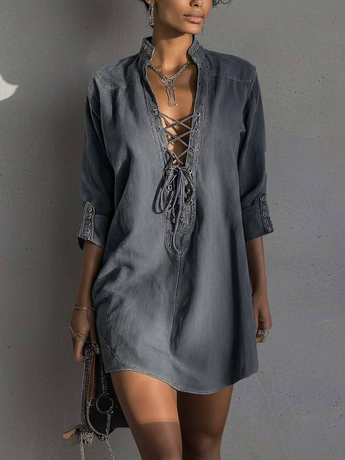 Dark Wash Denim Mini Dress with Lace-Up Front Detail