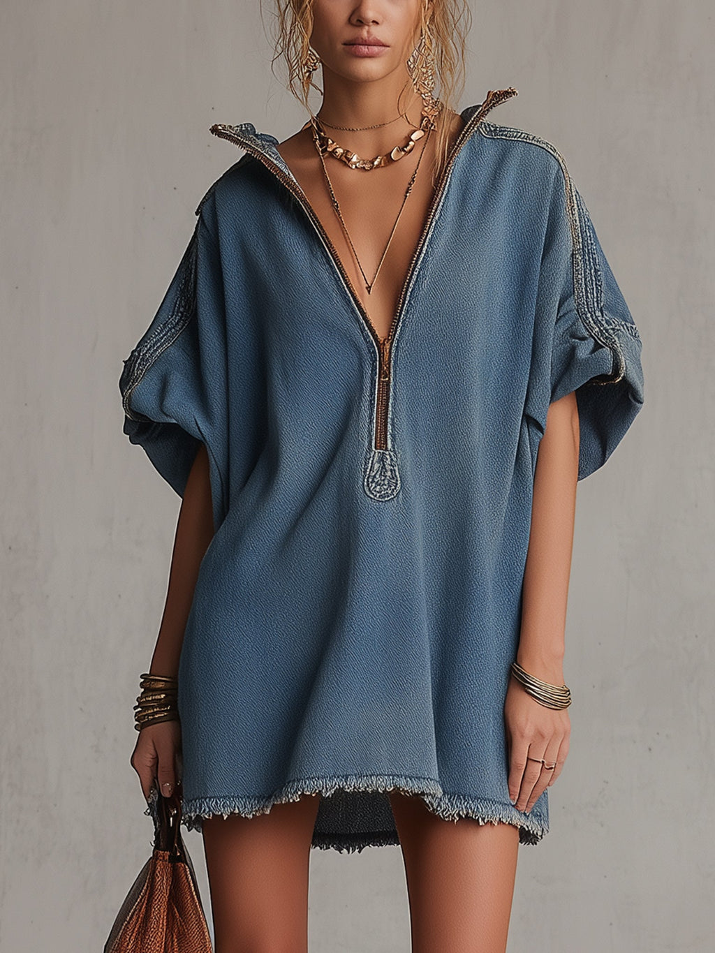 Washed Blue Denim Mini Dress with Deep V-Neck – Relaxed Weekend Style