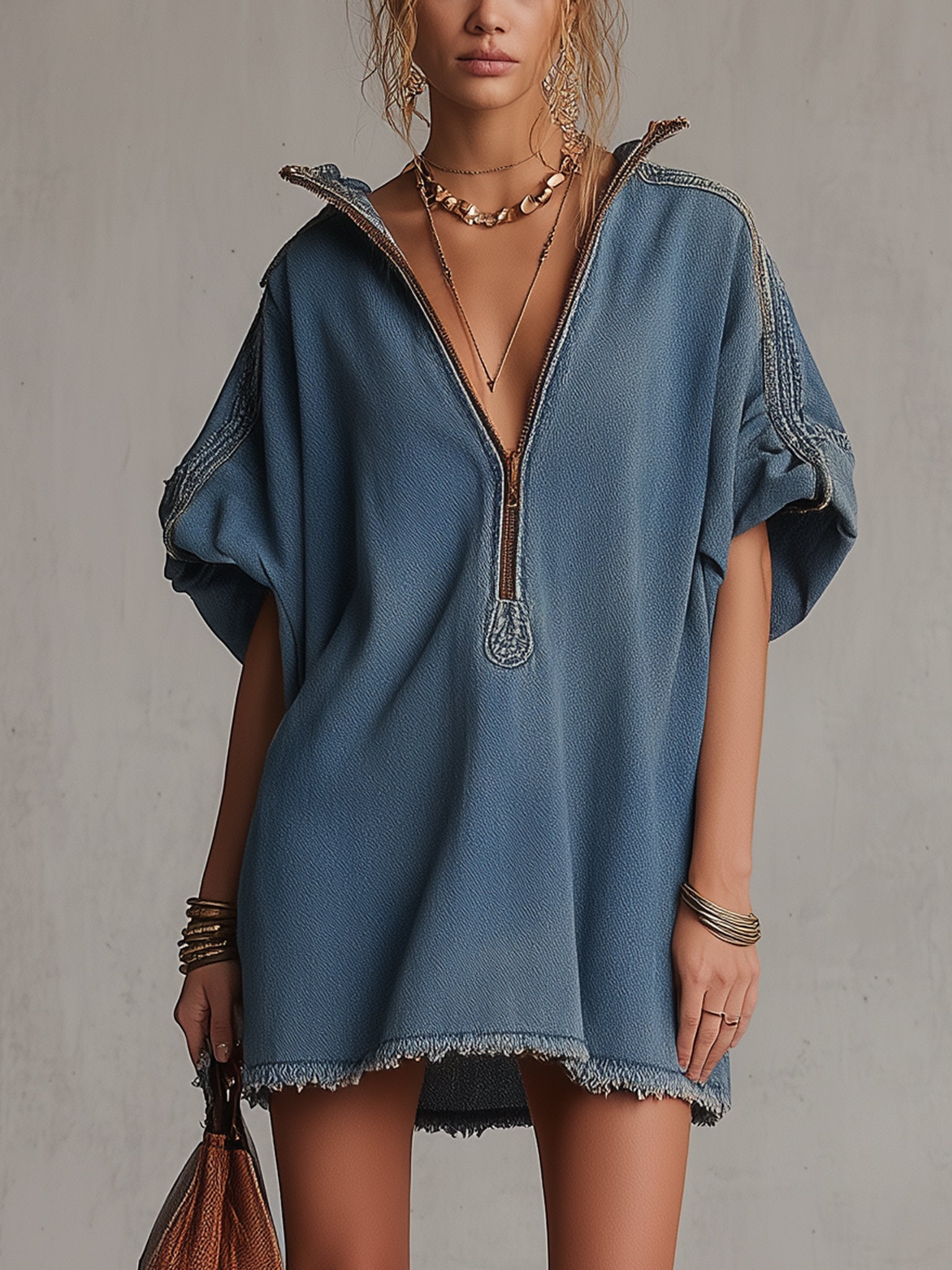 Washed Blue Denim Mini Dress with Deep V-Neck – Relaxed Weekend Style