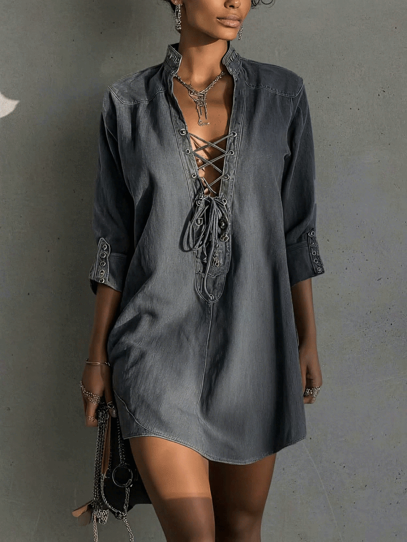 Dark Wash Denim Mini Dress with Lace-Up Front Detail