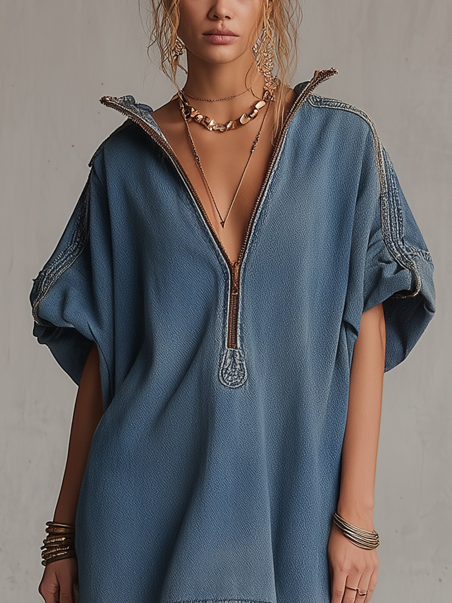 Washed Blue Denim Mini Dress with Deep V-Neck – Relaxed Weekend Style