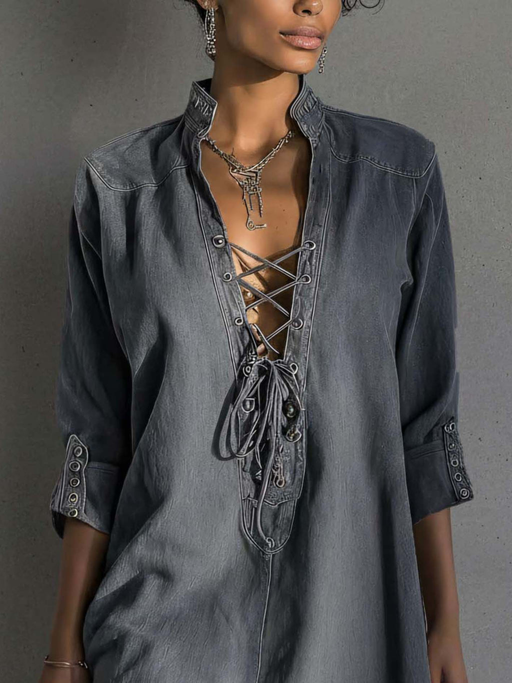 Dark Wash Denim Mini Dress with Lace-Up Front Detail