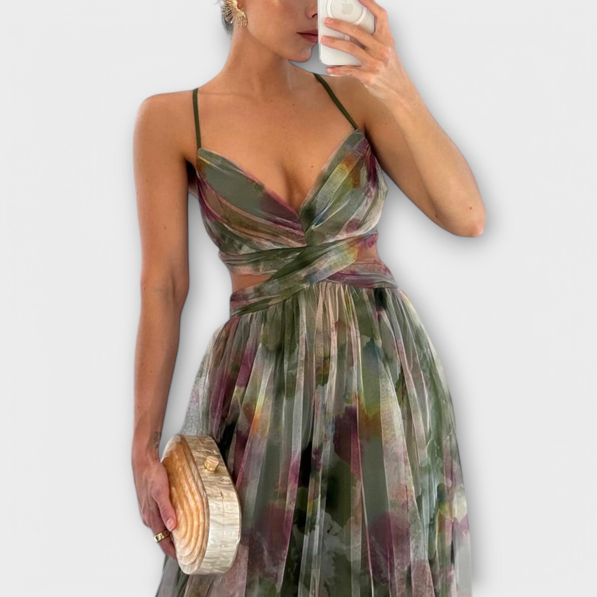 Elegant Knit Maxi Dress with Shaping Cut and Timeless Print