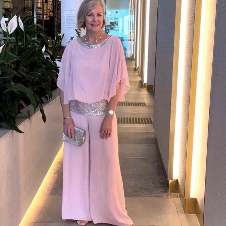 Elegant Two-Piece Wide-Leg Pants Set with Sequin Details