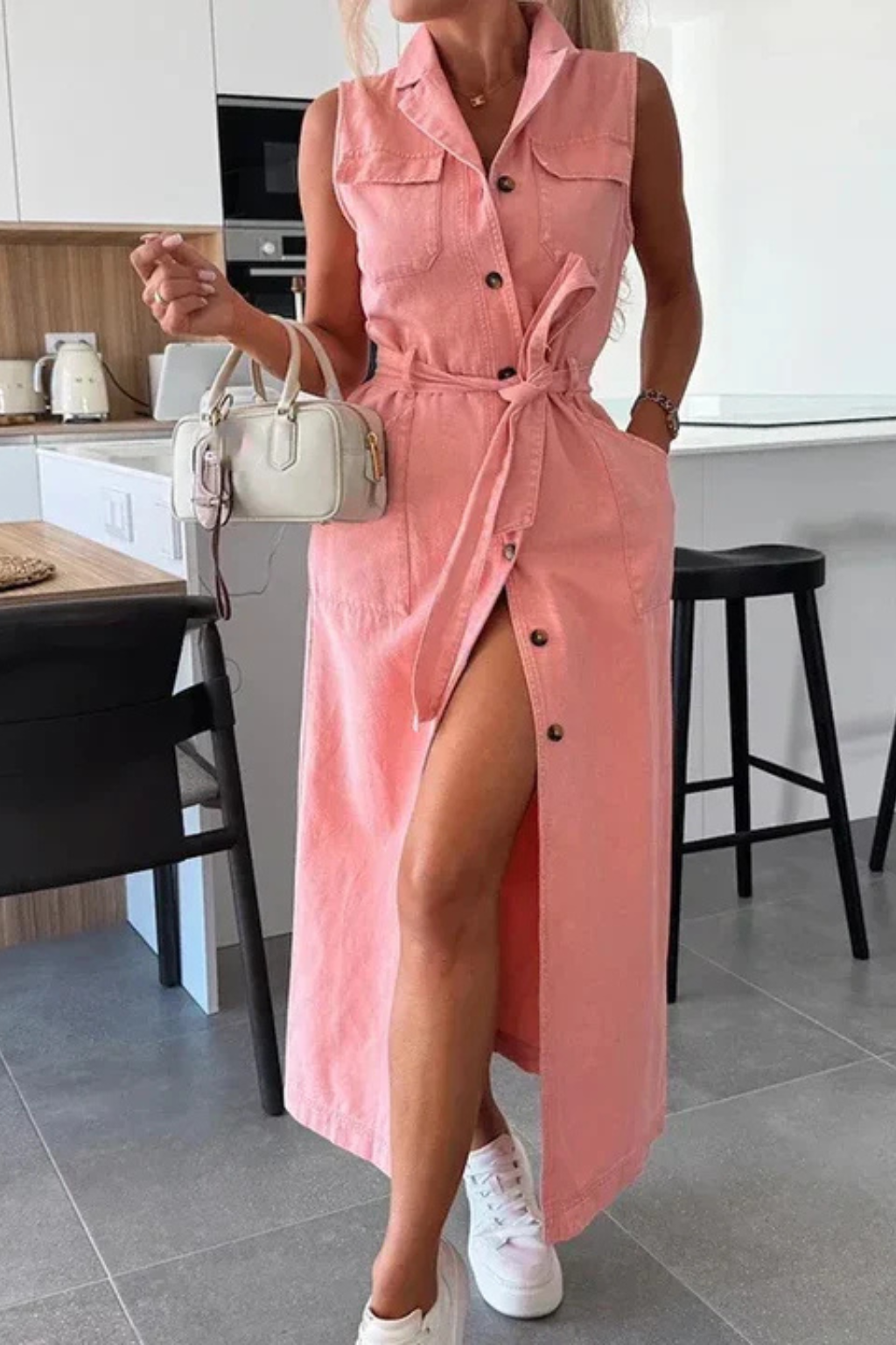 Sleeveless Belted Button-Down Denim Maxi Dress with Front Split