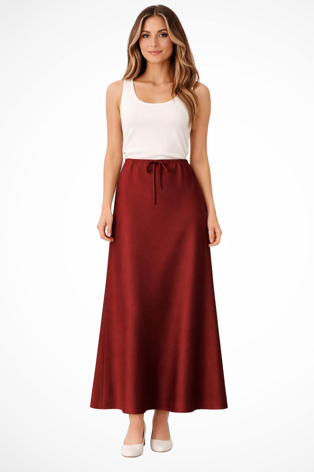 High Waist Satin Maxi Skirt with Tiered Panels – Elegant Fit