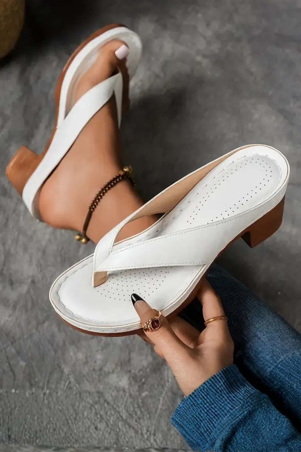 Metallic Toe Post Block Heel Sandals for Women