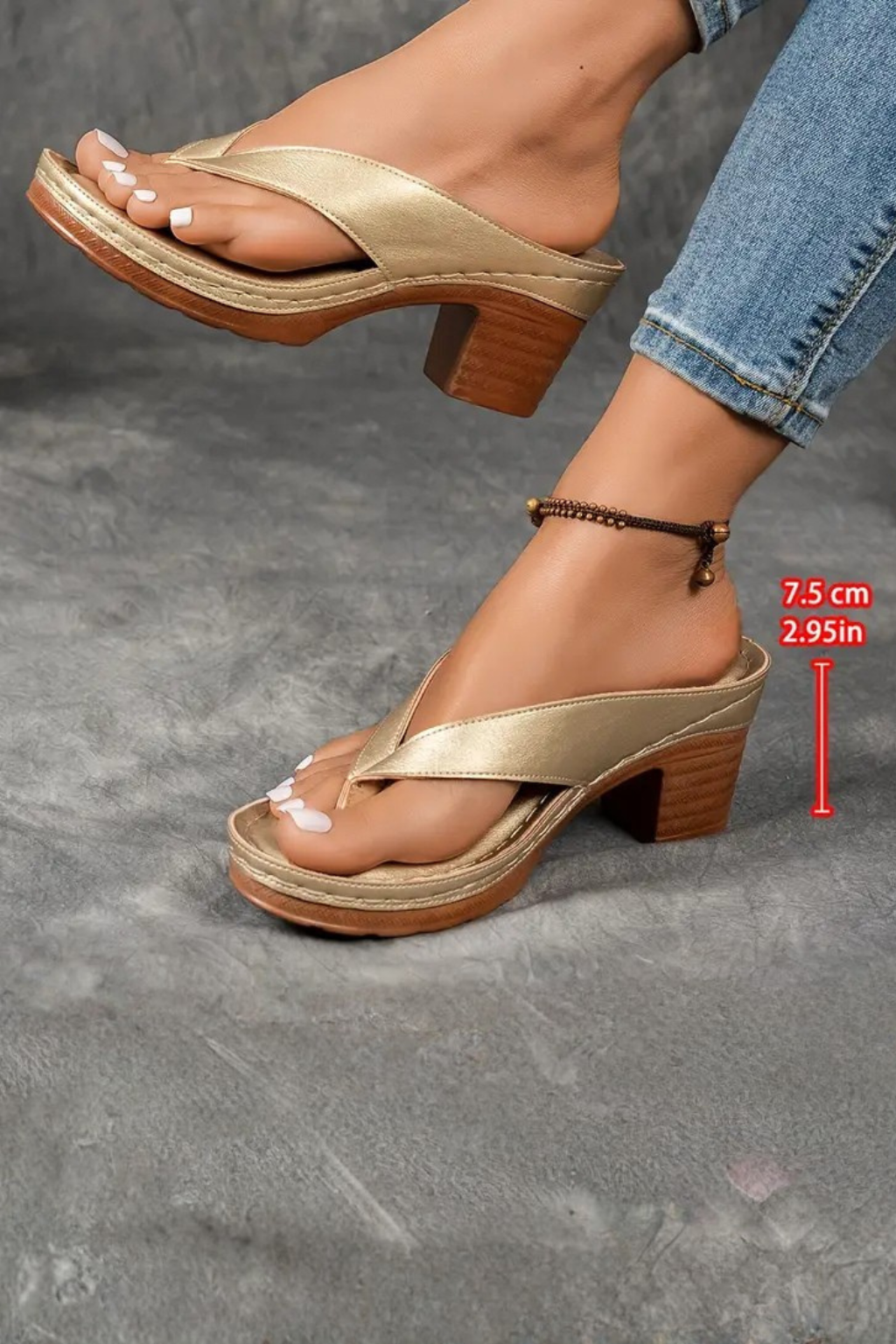 Metallic Toe Post Block Heel Sandals for Women