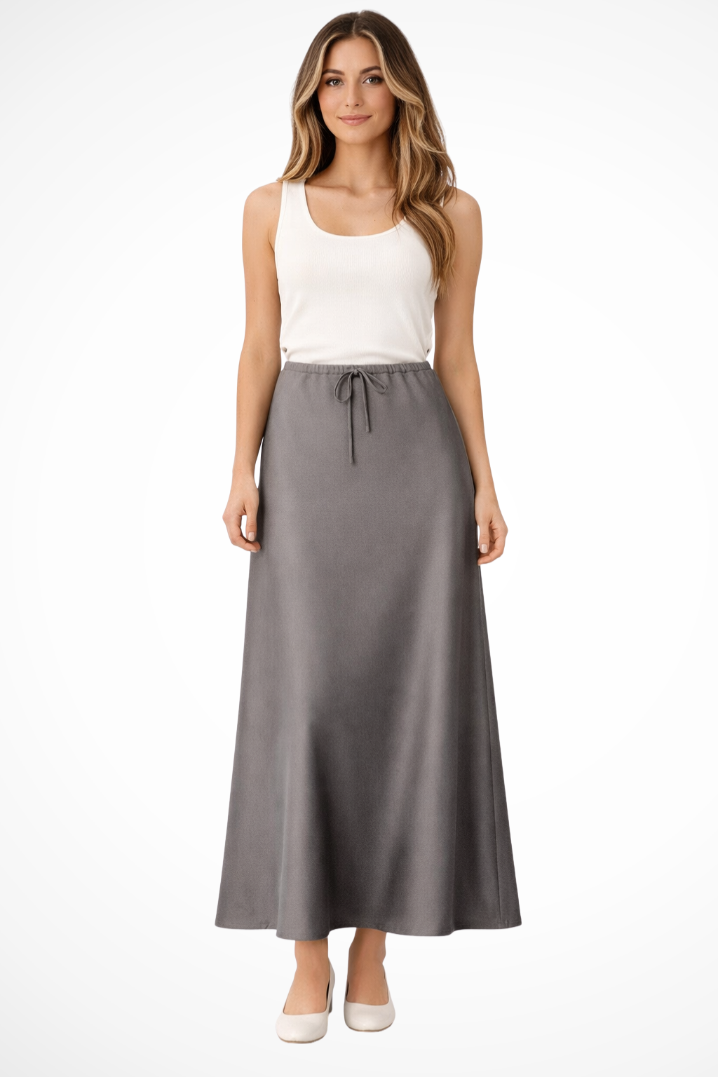 High Waist Satin Maxi Skirt with Tiered Panels – Elegant Fit