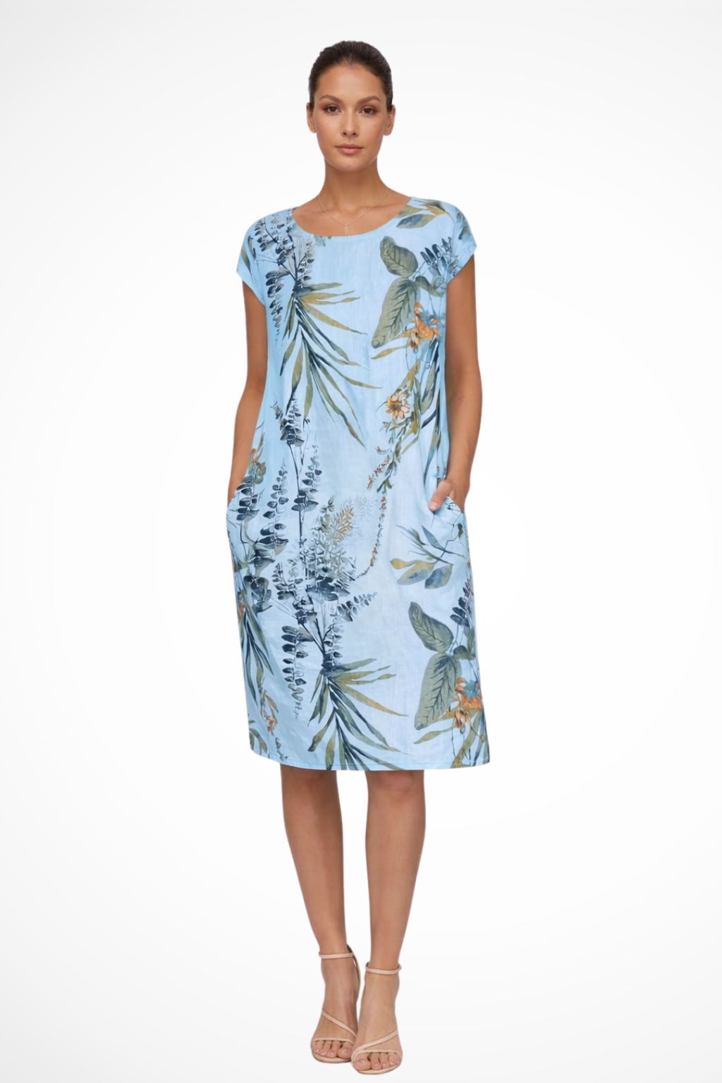 Relaxed Sleeveless Botanical Print Summer Shift Dress with Pockets