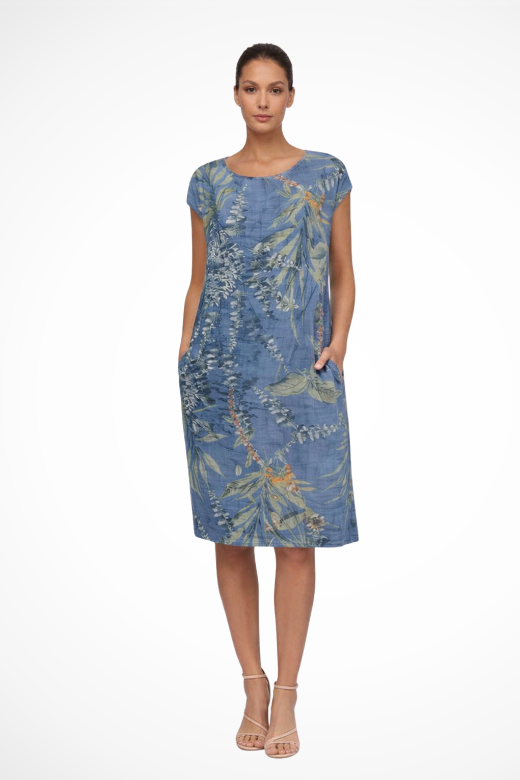 Relaxed Sleeveless Botanical Print Summer Shift Dress with Pockets