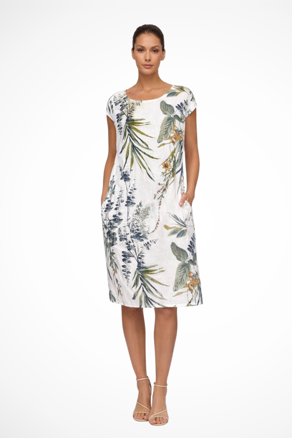 Relaxed Sleeveless Botanical Print Summer Shift Dress with Pockets