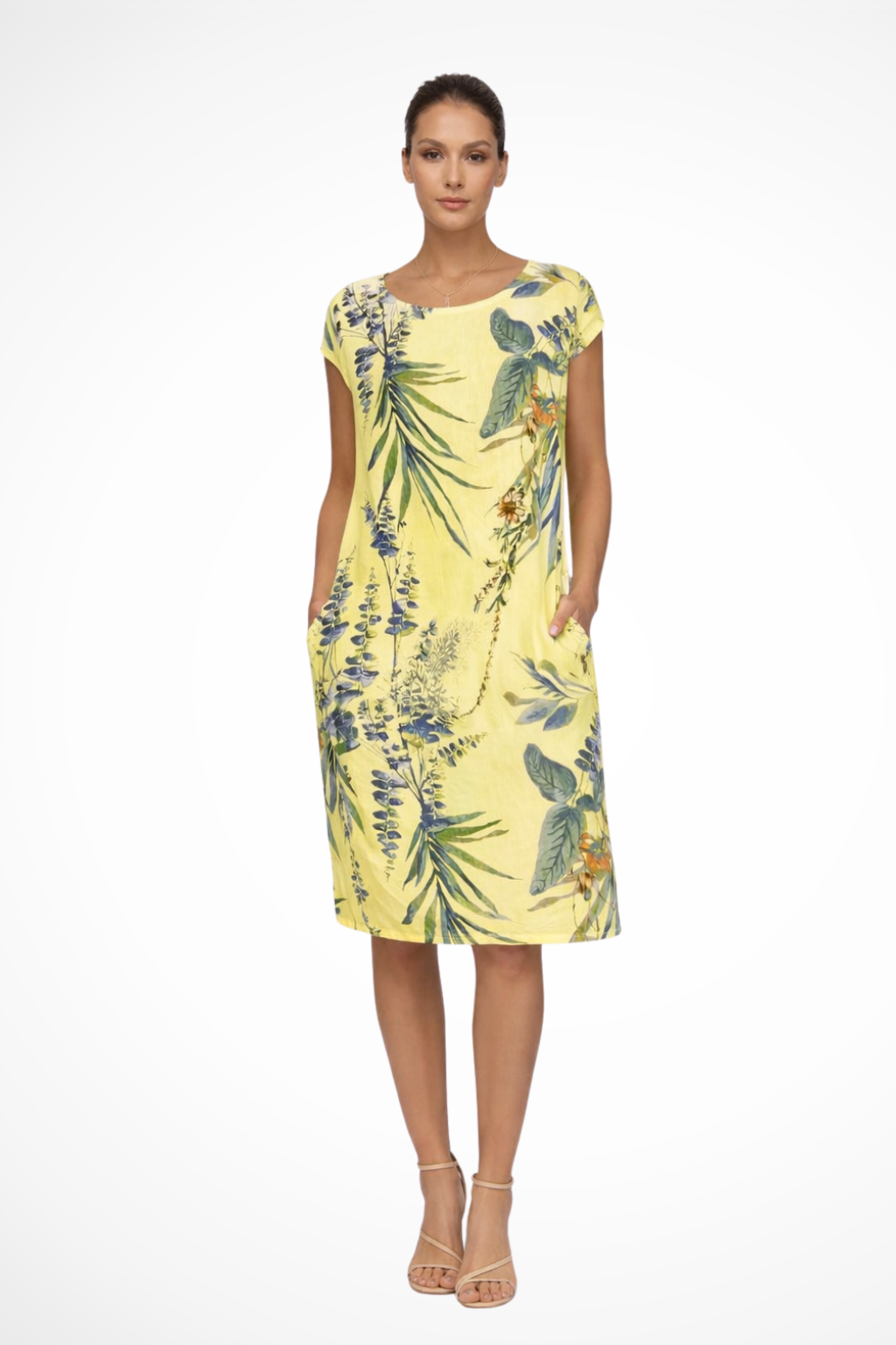 Relaxed Sleeveless Botanical Print Summer Shift Dress with Pockets