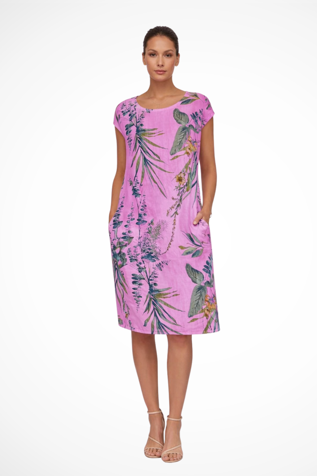 Relaxed Sleeveless Botanical Print Summer Shift Dress with Pockets