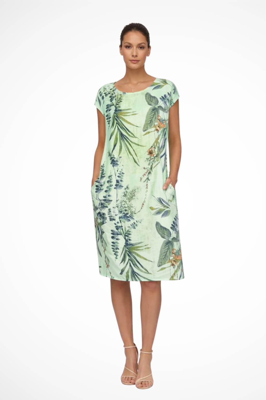 Relaxed Sleeveless Botanical Print Summer Shift Dress with Pockets