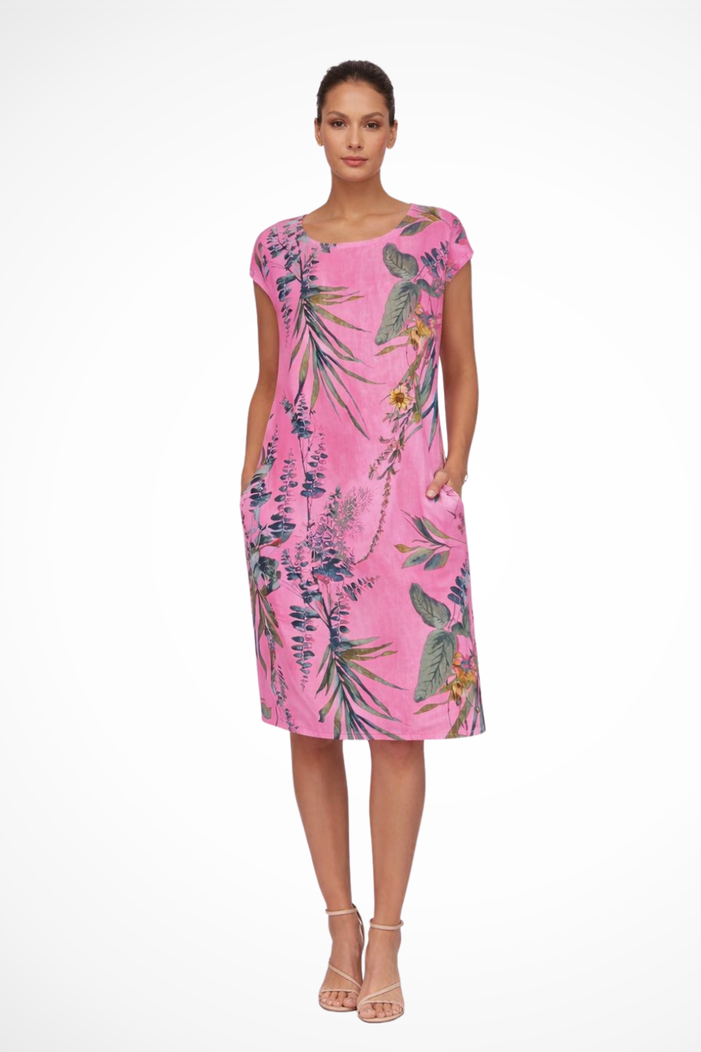 Relaxed Sleeveless Botanical Print Summer Shift Dress with Pockets