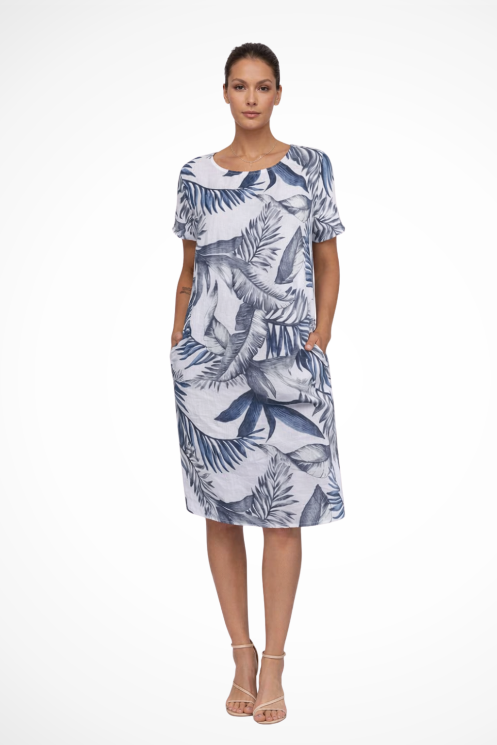 Relaxed Sleeveless Botanical Print Summer Shift Dress with Pockets