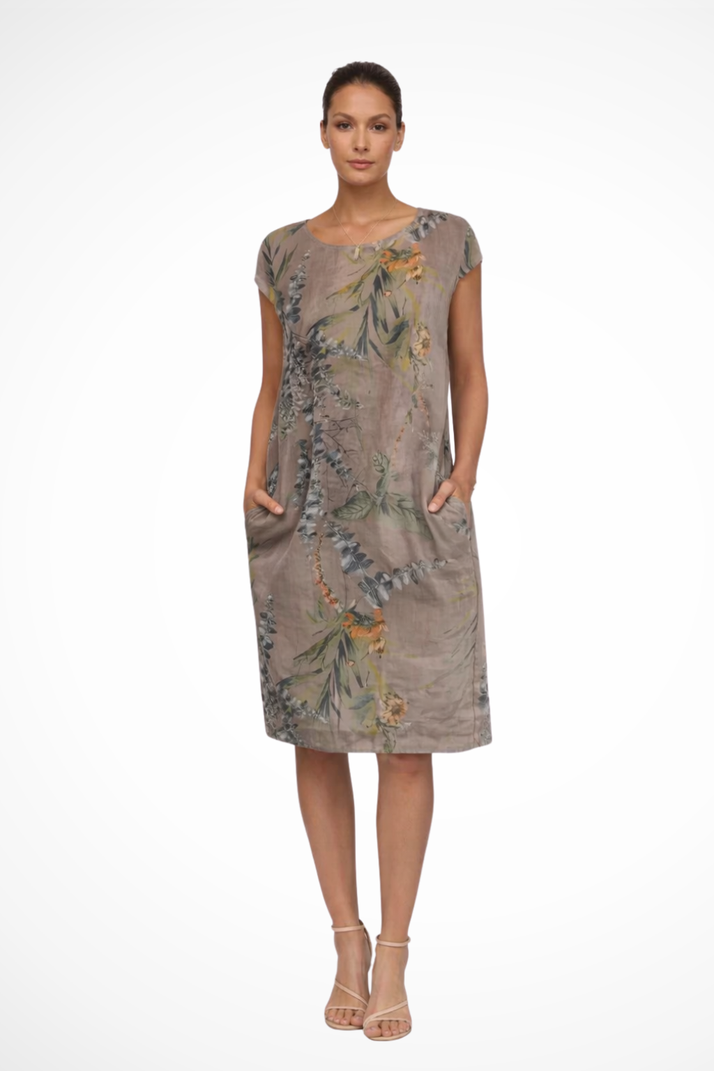 Relaxed Sleeveless Botanical Print Summer Shift Dress with Pockets