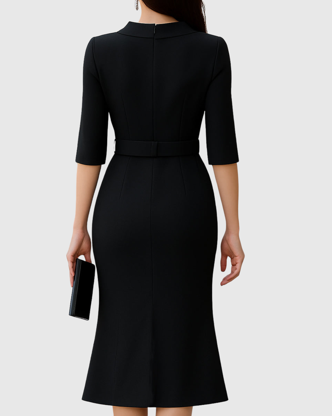 High Neck Belted Midi Dress with Asymmetric Hem for Women