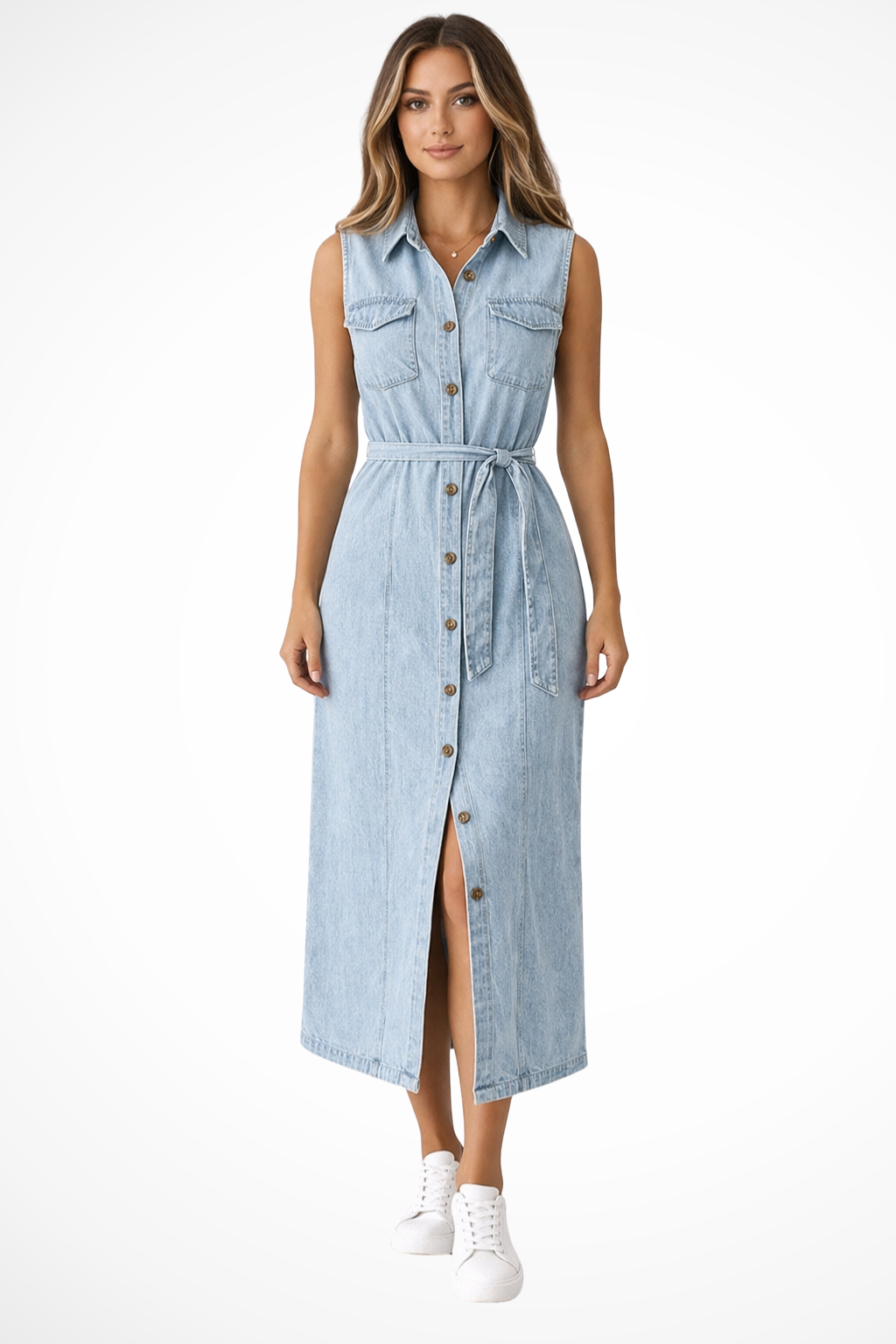 Sleeveless Belted Button-Down Denim Maxi Dress with Front Split