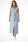 Sleeveless Belted Button-Down Denim Maxi Dress with Front Split