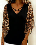 Leopard Print Patchwork Blouse with Batwing Sleeves