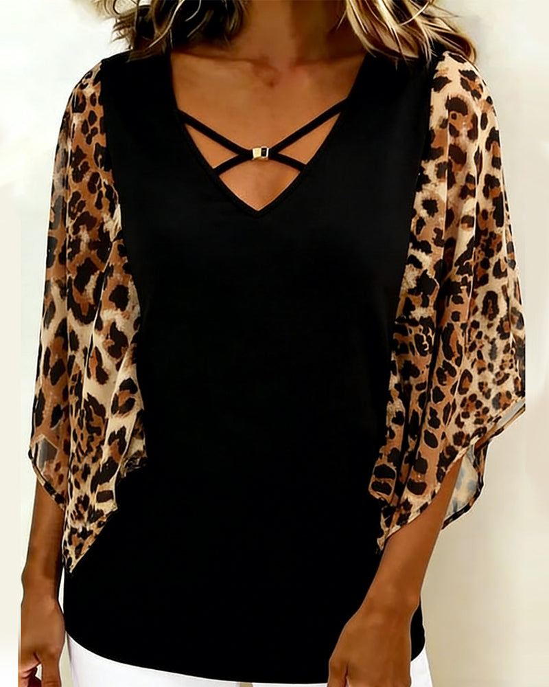Leopard Print Patchwork Blouse with Batwing Sleeves