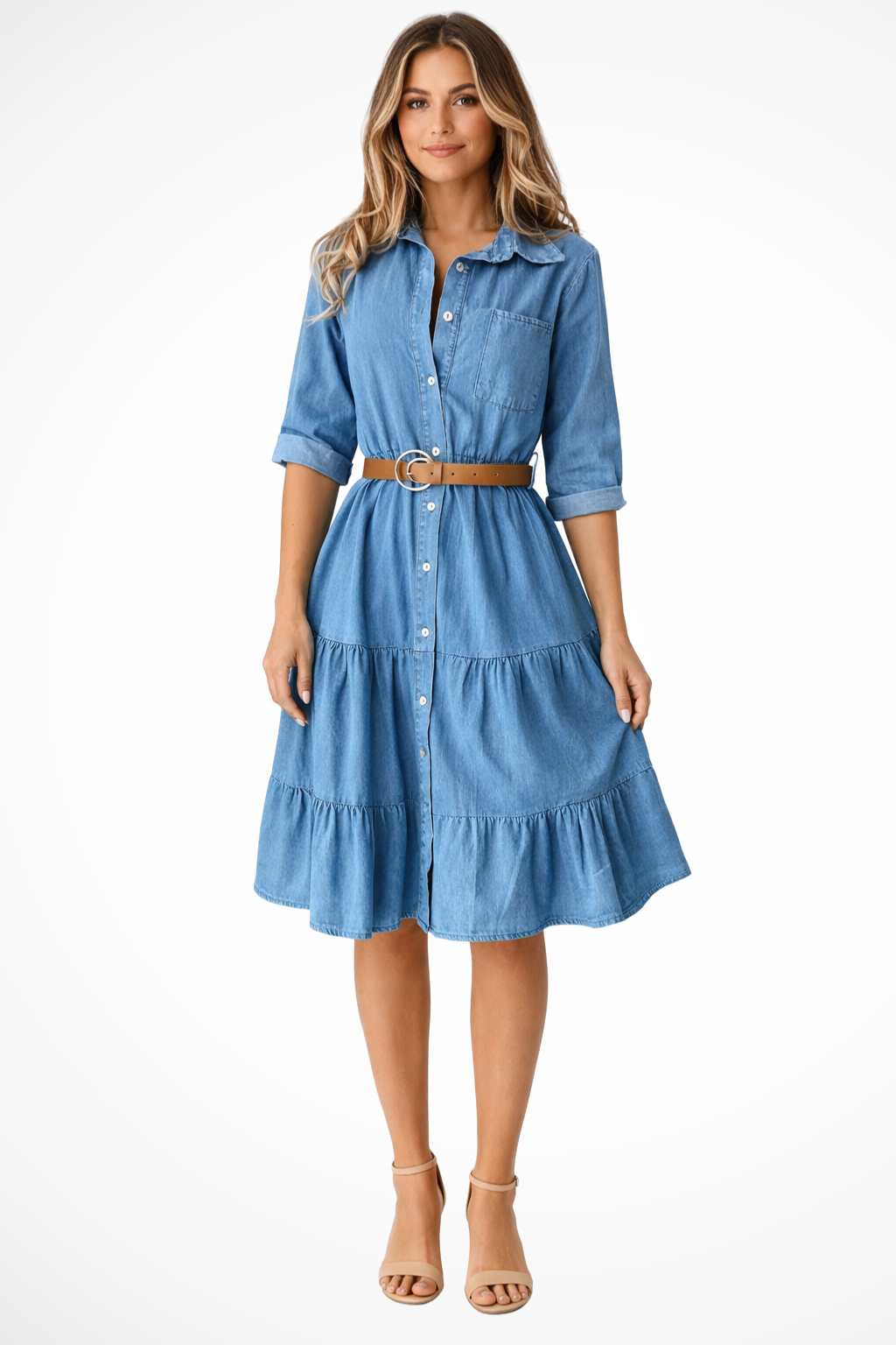 Denim Tiered Midi Shirt Dress with Waist Belt – Casual Chic
