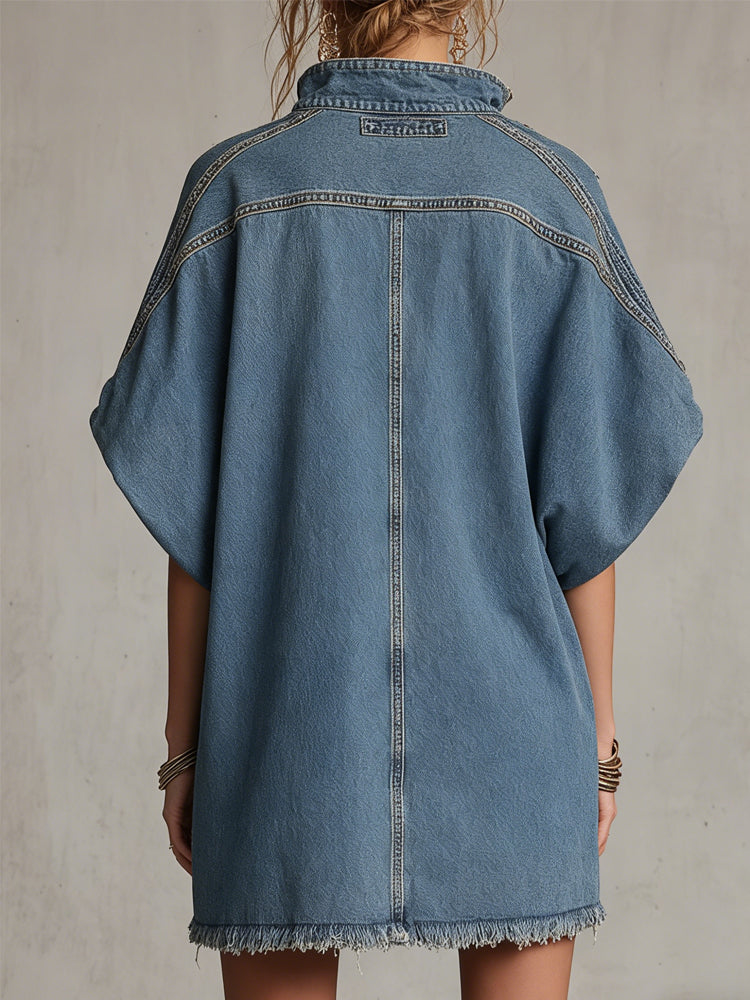 Washed Blue Denim Mini Dress with Deep V-Neck – Relaxed Weekend Style