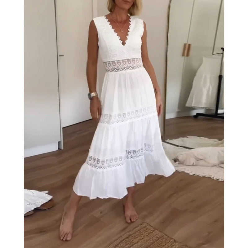 Elegant Lace Midi Dress with Flattering V-Neckline