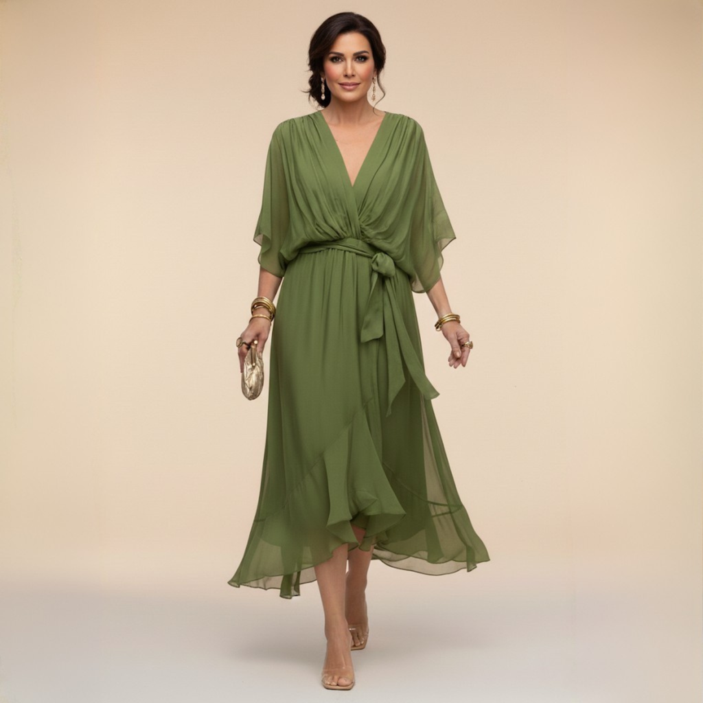 Sarah Sandra Chiffon V-Neck Dress - Flowing Maxi Dress for Women - Elegant Floor-Length Style
