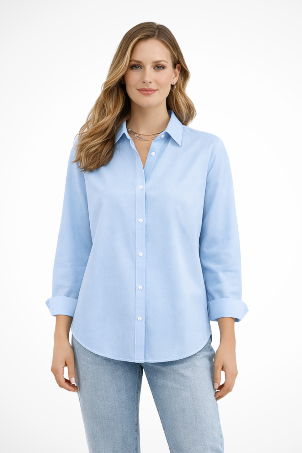 Relaxed Fit Long Sleeve Collared Button-Down Shirt for Women