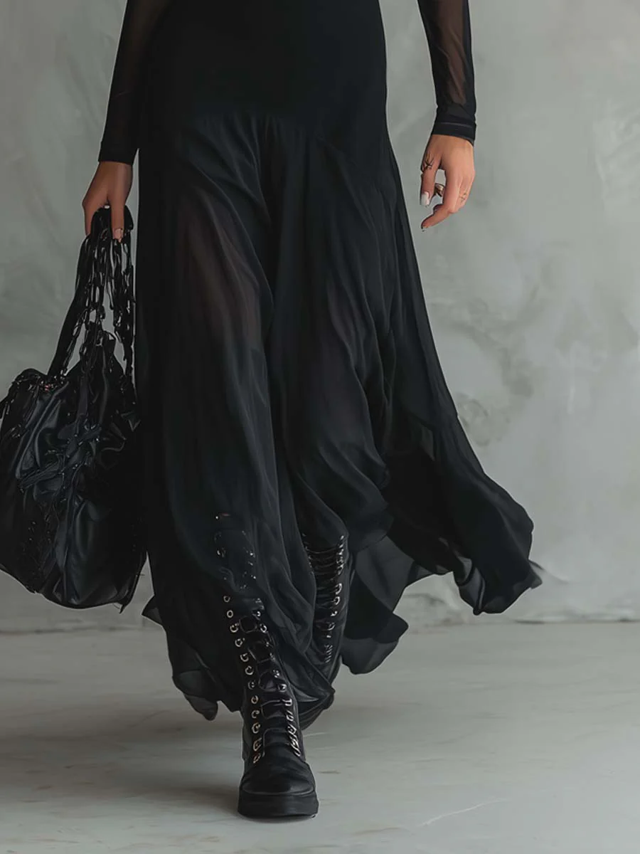 Black Tulle Patchwork Maxi Dress – Flowing Evening Elegance