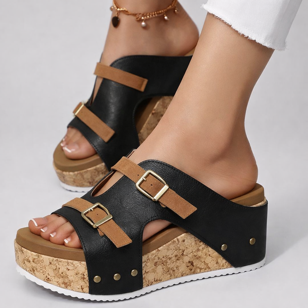 Maya Platform Sandals with Cushioned Cork Sole and Double-Buckle Straps