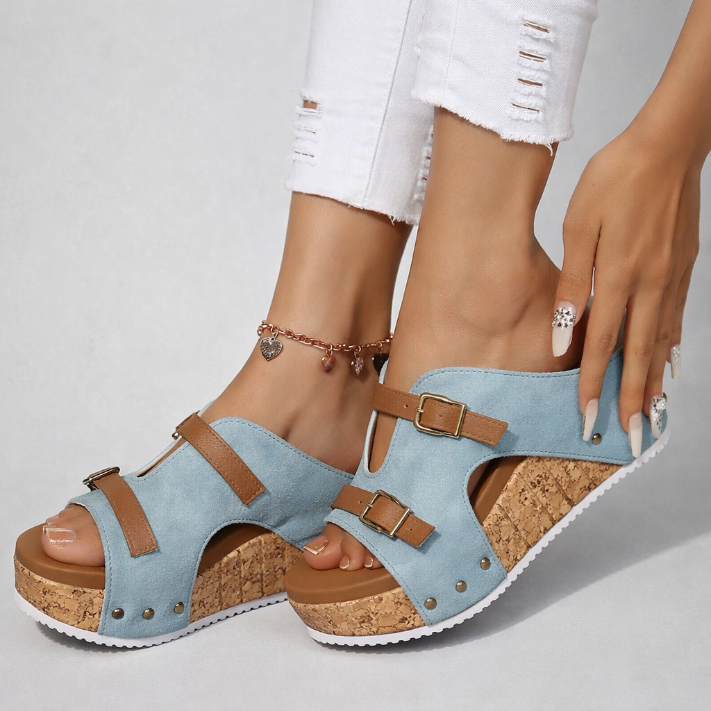 Maya Platform Sandals with Cushioned Cork Sole and Double-Buckle Straps