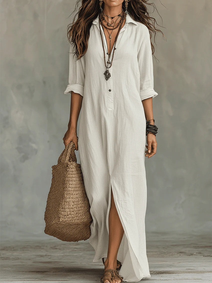 Relaxed V-Neck Button Maxi Dress for Effortless Everyday Elegance