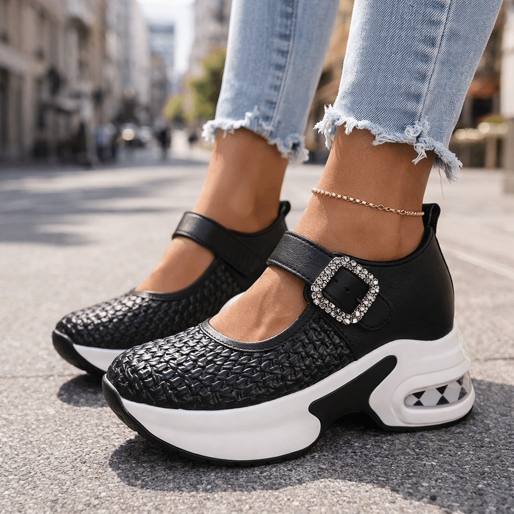 Amira Charm Platform Sneakers with Crystal Buckle Strap and Woven Textured Upper