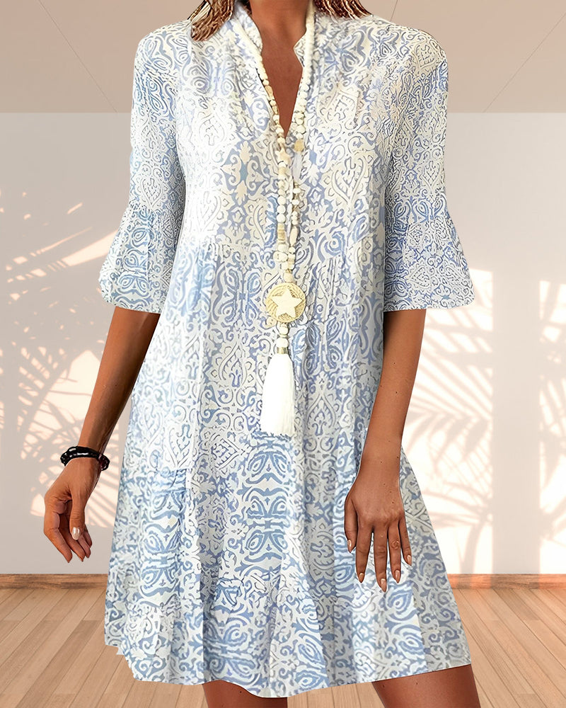 Bohemian Floral Bell Sleeve Summer Dress Light Blue