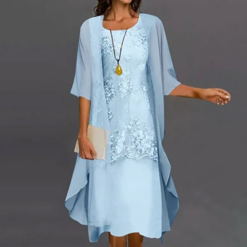 Floral Lace Midi Dress & Chiffon Cardigan Set for Women