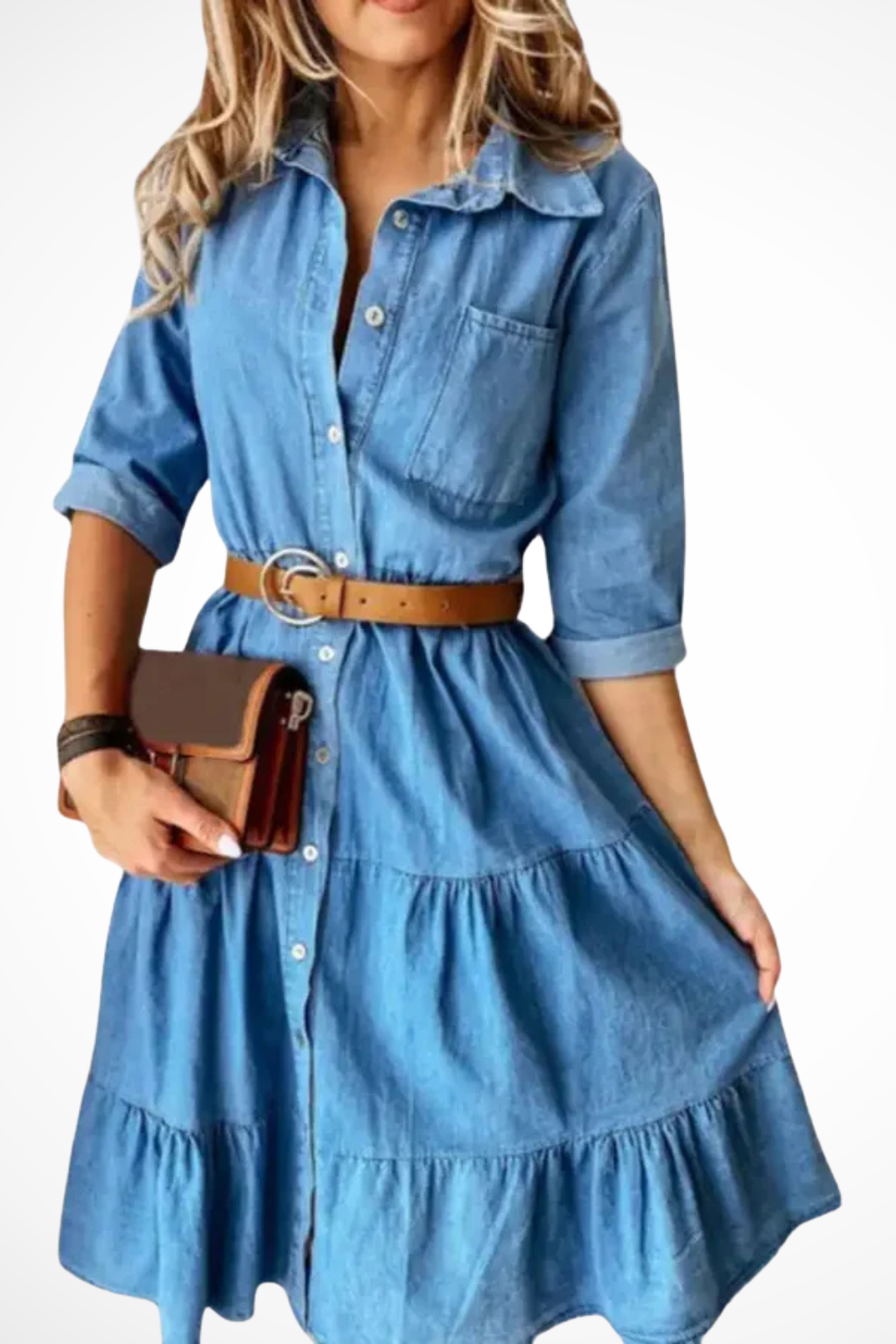 Denim Tiered Midi Shirt Dress with Waist Belt – Casual Chic