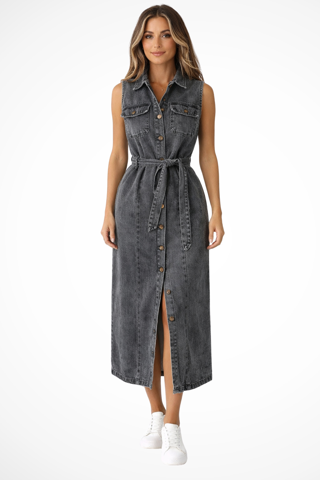 Sleeveless Belted Button-Down Denim Maxi Dress with Front Split