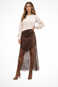 Satin Lace Hem Asymmetric Maxi Skirt | Elegant Long Skirt
