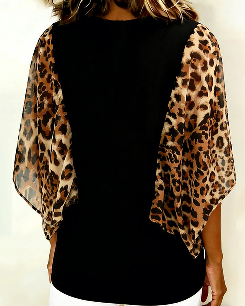 Leopard Print Patchwork Blouse with Batwing Sleeves