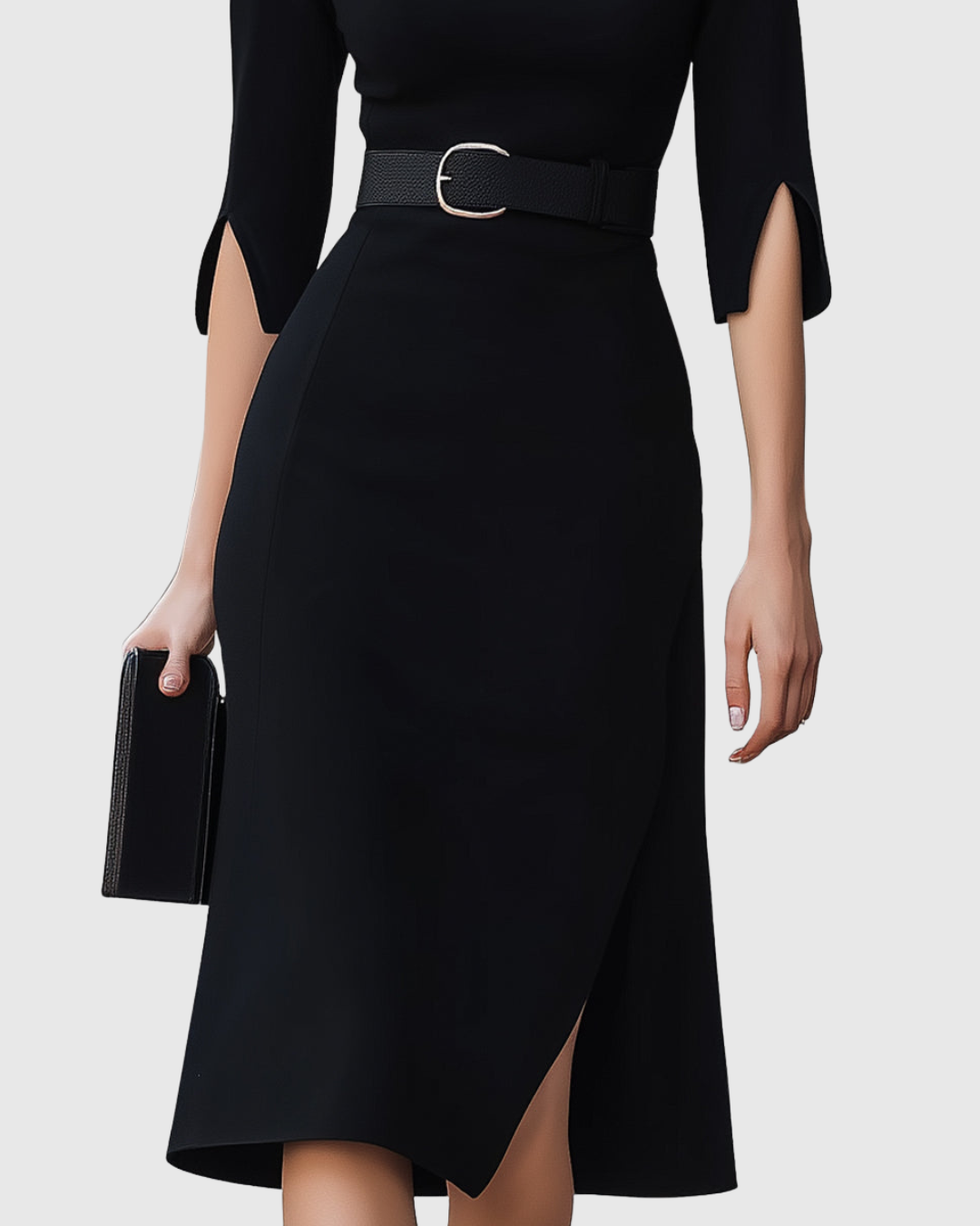 High Neck Belted Midi Dress with Asymmetric Hem for Women