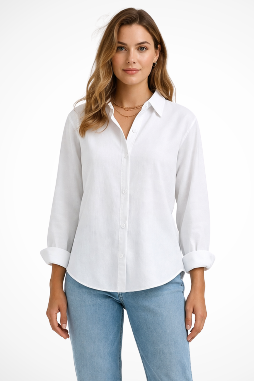 Relaxed Fit Long Sleeve Collared Button-Down Shirt for Women