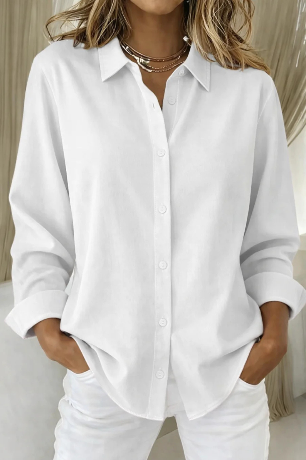 Relaxed Fit Long Sleeve Collared Button-Down Shirt for Women