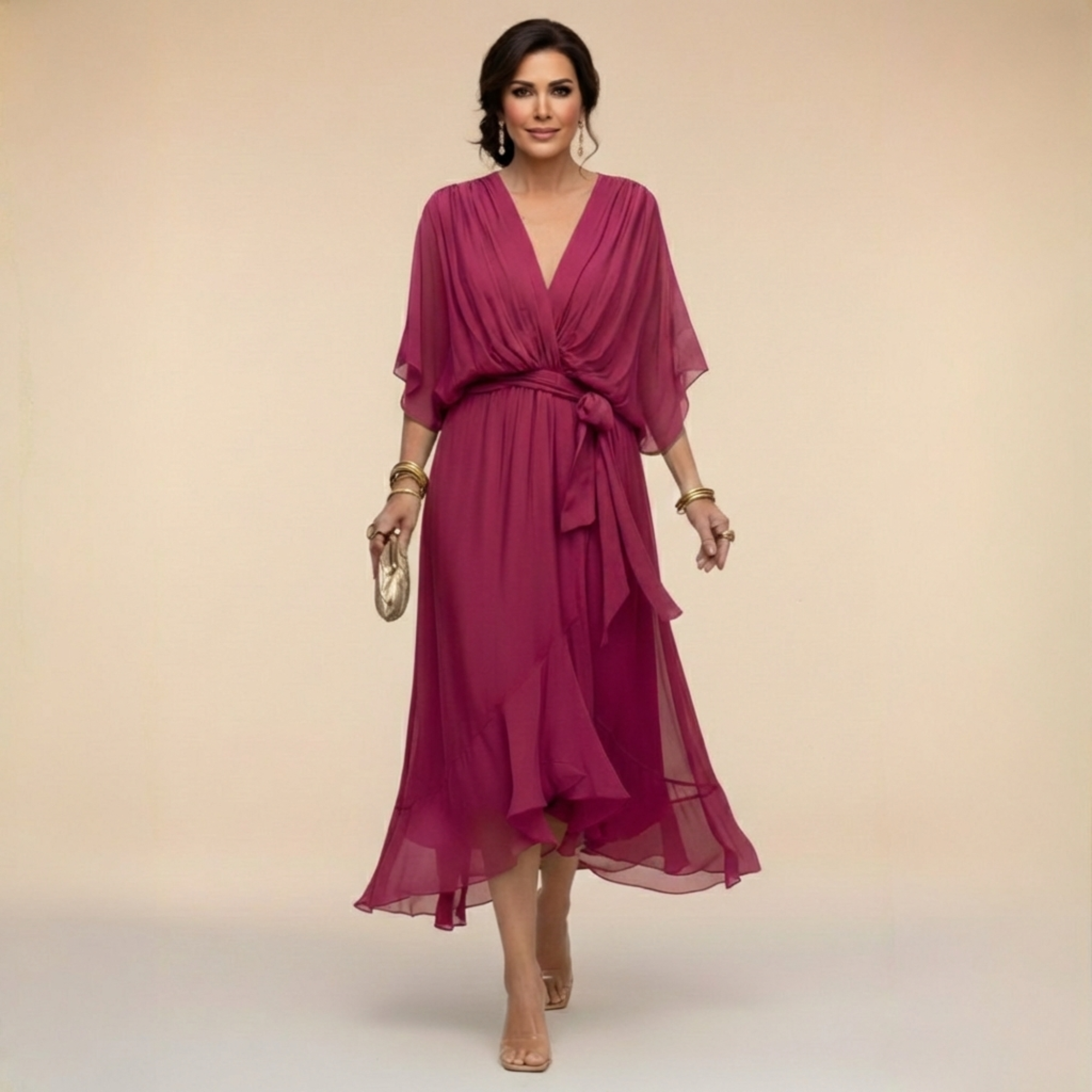 Sarah Sandra Chiffon V-Neck Dress - Flowing Maxi Dress for Women - Elegant Floor-Length Style